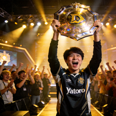 Yatoro选手在DOTA2国际邀请赛上高举冠军盾